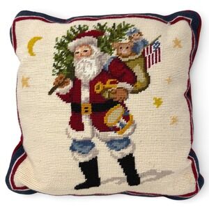 Vintage Needlepoint Santa Claus Christmas Pillow Red Velvet Back Wool USA Flag